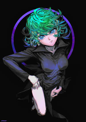 動漫女孩，綠色頭髮和藍色眼睛，穿著黑色服裝，身後有一個發光的紫色環。 — iPad Air 壁紙