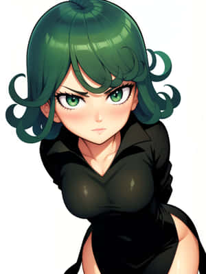 動漫女孩，綠色頭髮和眼睛，穿著黑色服裝，強烈凝視 — Kindle 壁紙