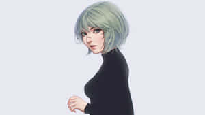 動漫女孩，薄荷綠頭髮戴眼鏡，穿著黑色上衣，在淺灰色背景上。 — 東京喰種風格 壁紙