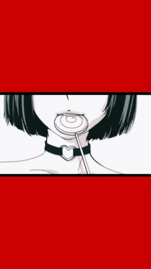 短黑髮、戴心形頸鏈的動漫女孩在紅色背景上咬螺旋棒棒糖。 — 悟空黑 iPhone 壁紙