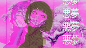 短髮大眼的動漫女孩，以粉紅色櫻花背景和日文字為襯托。 — 酷炫美學 壁紙