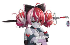 粉紅色頭髮的動漫女孩拿著劍和毛絨鑰匙圈 — 可愛動漫頭貼 GIF 壁紙