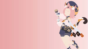 動漫女孩有狐狸耳朵，在粉紅色背景前拿著飲料。 — 貓咪藝術 壁紙