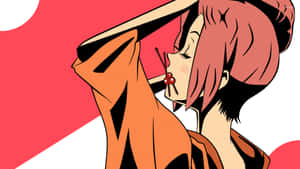 粉紅色頭髮和櫻桃耳環的動漫女孩舉起她的橙色袖子。 — 混沌武士 壁紙