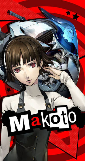 動漫角色 Makoto 紅眼睛，身後有一個機器人，背景為紅色。 — 女神異聞錄5 壁紙