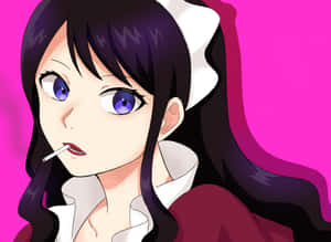 紫色眼睛的動漫女孩在粉紅色背景上抽煙。 — 美學嬰兒藍 壁紙