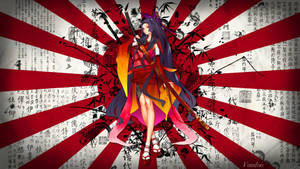 穿著紅色和服的動漫女孩在帶有日文字的太陽光線背景前持劍。 — 日式 壁紙