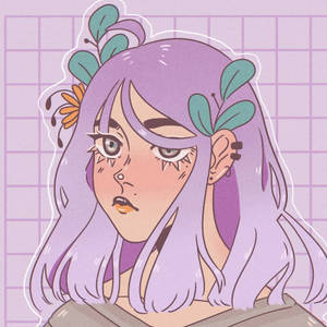 紫色頭髮和葉子飾品的動漫女孩，紫色網格背景。 — 卡通 壁紙