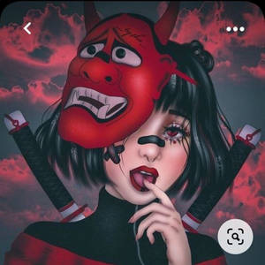 動漫女孩戴著紅色惡魔面具，身後有劍，背景是紅色天空。