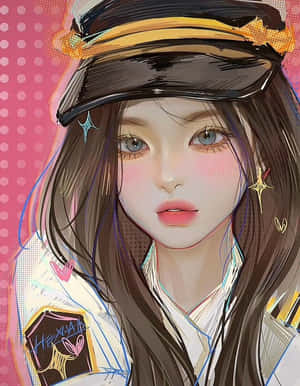 藍眼睛的動漫女孩，戴著帽子和白色外套，背景是粉紅色圓點。 — 淺棕色美學動圖 壁紙