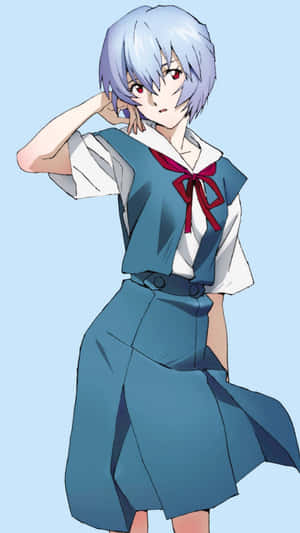 動漫女孩，銀色頭髮和紅色眼睛，穿著藍色校服擺姿勢。 — 狂歡三寶 壁紙