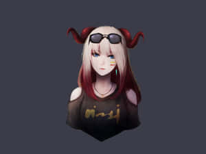 動漫女孩，長著紅色的角和戴著太陽眼鏡，穿著黑色上衣。 — 惡魔角 壁紙