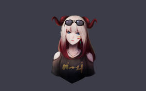 動漫女孩，長著紅色角和戴著太陽眼鏡，穿著黑色上衣。 — 惡魔角 壁紙