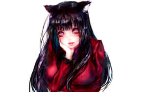 動漫女孩長著貓耳和紅色眼睛，用手托著下巴。 — 狂賭之淵 壁紙