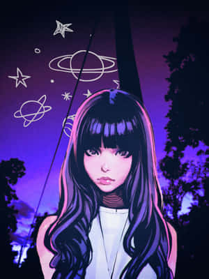 長髮動漫女孩在繁星點點的紫色天空下，漂浮著行星。 — 紫色 壁紙