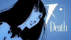 紫色眼睛和黑髮的動漫女孩，旁邊有「Death」字樣和一個白色符號。 — 死亡遊行 壁紙
