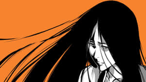 長長的黑髮和閉上眼睛的動漫女孩，橙色背景。 — 死神 壁紙