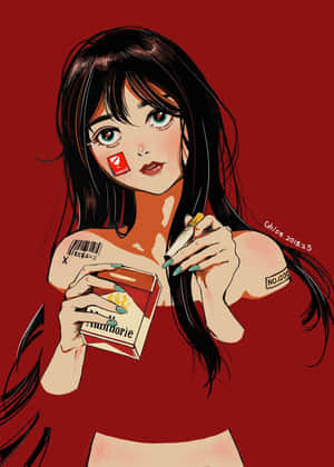 動漫女孩在紅色背景前拿著煙和煙盒，身上有刺青。 — 迷幻酷炫 壁紙