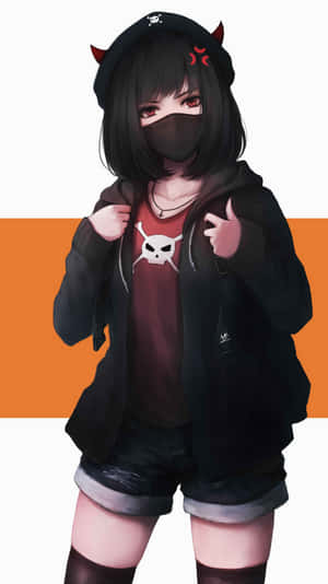 動漫女孩，有惡魔角和面具，穿著骷髏衫和連帽衫。 — 頂級 iPhone 壁紙