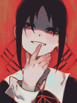 紅眼黑髮的動漫女孩微笑著將手指放在嘴唇上。 — 動漫愛情 GIF 壁紙