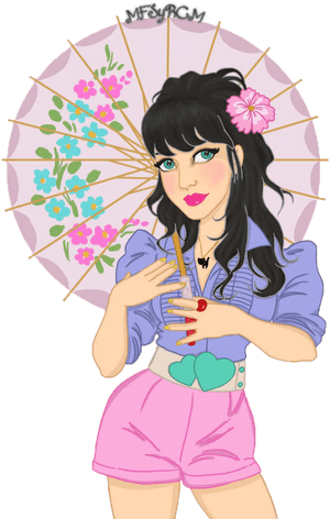 動漫女孩手持花卉陽傘，身穿紫色襯衫和粉紅色短褲