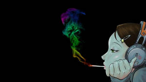 戴著耳機的動漫女孩在黑色背景上呼出彩色煙霧 — 抽菸 壁紙