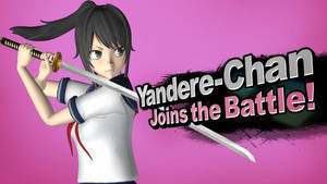 穿著校服的動漫女孩手持劍，文字為 Yandere-Chan Joins the Battle — 超級瑪利歐兄弟大亂鬥 壁紙