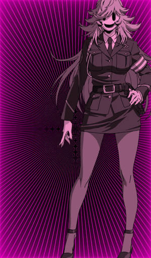 動漫女孩穿深色制服，紫色放射狀背景