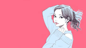 動漫風格女孩穿著藍色毛衣在粉紅色背景前 — 可愛粉色女孩 壁紙