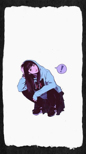 動漫女孩穿著連帽衫蹲下，旁邊有驚嘆號氣泡。 — 可愛卡通 壁紙