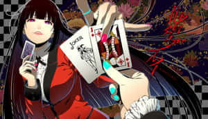 穿著紅色外套的動漫女孩拿著小丑和傑克撲克牌。 — 狂賭之淵 壁紙
