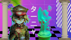 穿著軍裝的動漫女孩，在超現實的紫色房間裡，旁邊有一個發光的雕像。 — 動漫 壁紙