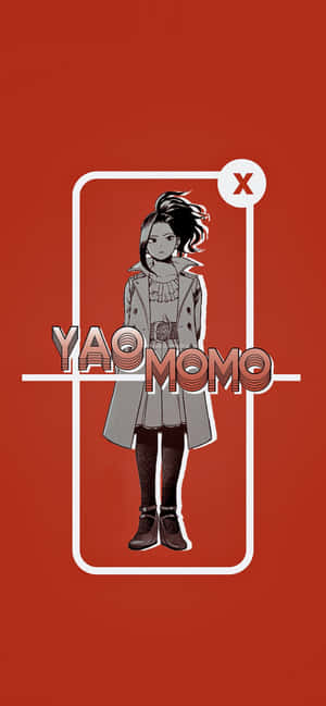 動漫女孩穿風衣在白色框內，紅色背景上有「YAO MOMO」文字。 — iPhone 16 壁紙