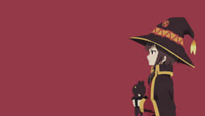 動漫女巫在紅色背景前抱著一隻黑貓。 — 惠惠 壁紙
