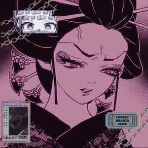 擁有粉紅色皮膚和黑色頭髮的動漫女孩，戴著鎖鏈和 lonely hearts club 門票。 — 鬼滅之刃 壁紙