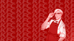動漫廚師穿著紅色圍裙在KFC標誌背景前調整眼鏡。 — 肯德基 壁紙