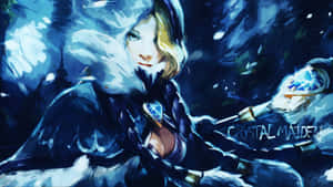 動漫角色 Crystal Maiden 穿著冰霜盔甲，在雪地森林中手持發光的水晶劍。 — 冰雪奇緣 艾莎 壁紙