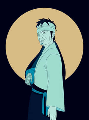 穿著藍色長袍的動漫戰士站在圓形米色背景前。 — Kindle 壁紙