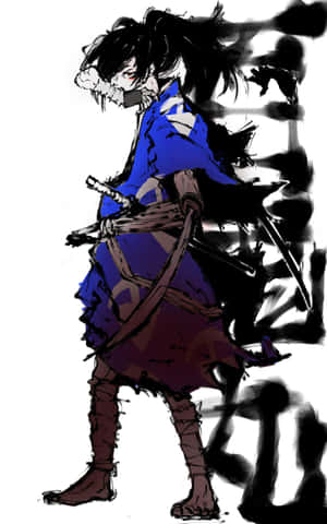 動漫武士戰士穿著藍色長袍，手持劍，背景為墨水風格的煙霧 — OnePlus Pad Lite 壁紙