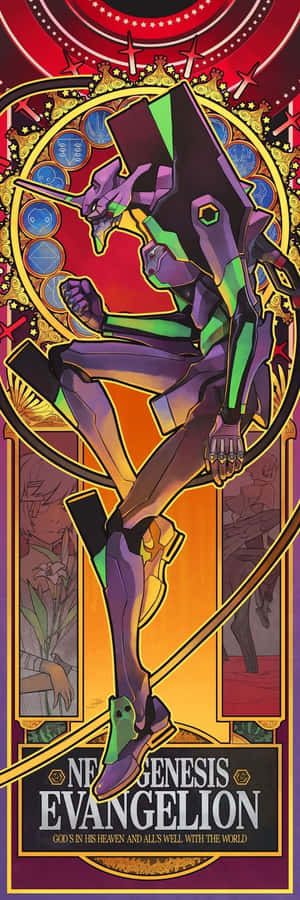 華麗框架內的動漫機甲，紅金背景，Evangelion文字。 — 凱羅·忍 壁紙