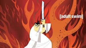 動漫武士戰士在火焰背景下持劍。 — 卡通 壁紙