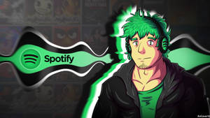 綠色頭髮和耳機的動漫角色在Spotify標誌旁邊。 — Spotify 壁紙