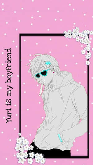 動漫男孩戴心形太陽眼鏡，櫻花環繞，粉紅色背景，附文字。 — 神里綾人 壁紙