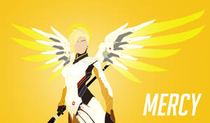 動漫角色 Mercy 帶有白色翅膀和黃色背景。 — 慈悲 壁紙