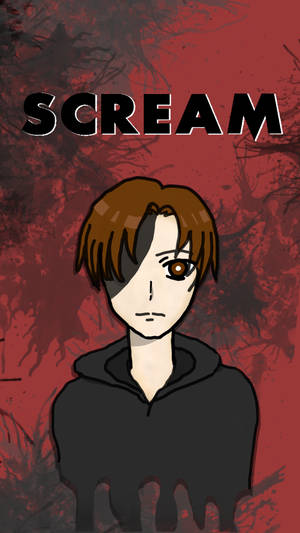 動漫角色半邊臉陰影，紅色飛濺背景，SCREAM文字。 — 比利·盧米斯 壁紙