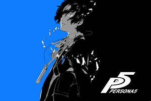 來自 Persona 5 的動漫角色，帶有碎片化的頭髮和麥克風，背景為藍色和黑色。 — 小丑 2019 壁紙