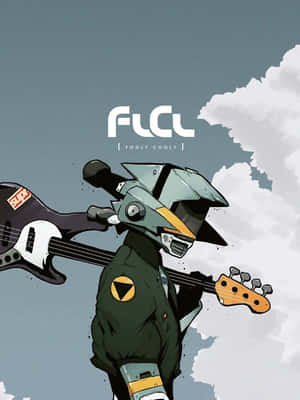 動漫機器人角色在陰天背景下拿著低音吉他，帶有FLCL文字。