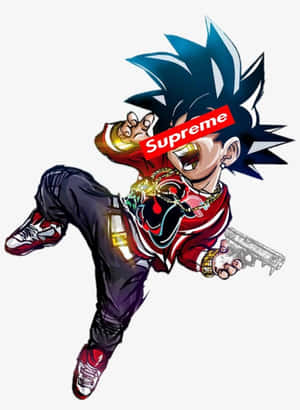 藍色頭髮和Supreme標誌的動漫角色，穿著街頭服飾手持槍支。 — 黑王 壁紙