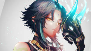 擁有發光眼睛的動漫角色，握著一把發光的藍色劍。 — 電玩遊戲 GIF 壁紙