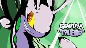 動漫角色 Goodra Trueno，紫色皮膚帶綠色斑點，咧嘴大笑。 — 數位藝術 壁紙